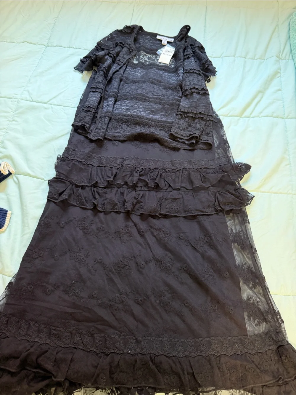 2 PC Set Black Lace Ruffle Tiered Maxi Dress Cardigan Whimsigoth Gothic